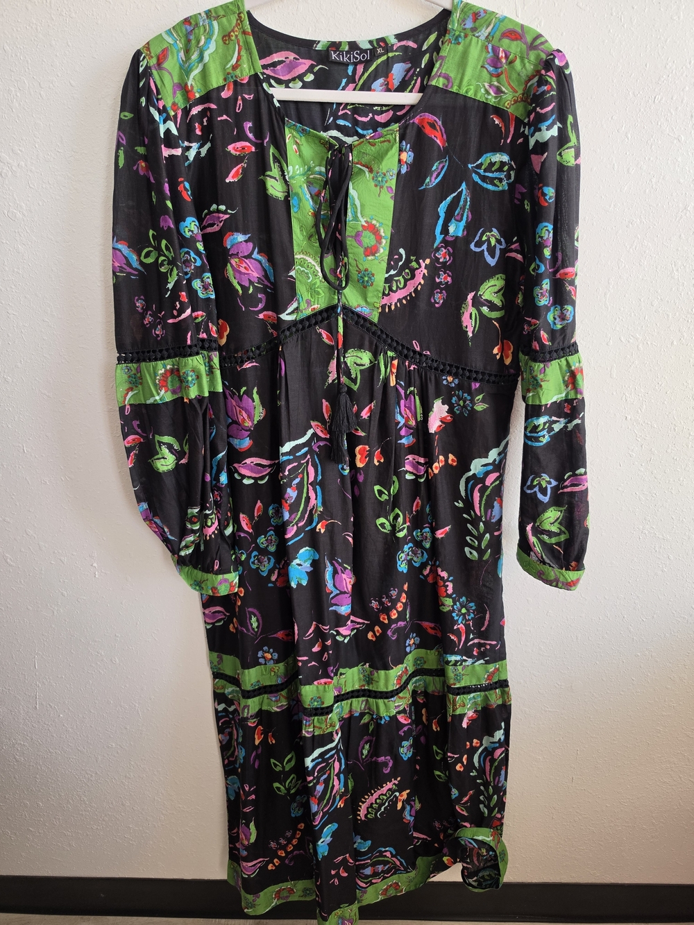 KikiSol XL Black Multicolor Floral Boho Tassel Tie Midi Maxi Dress - Picture 2 of 7